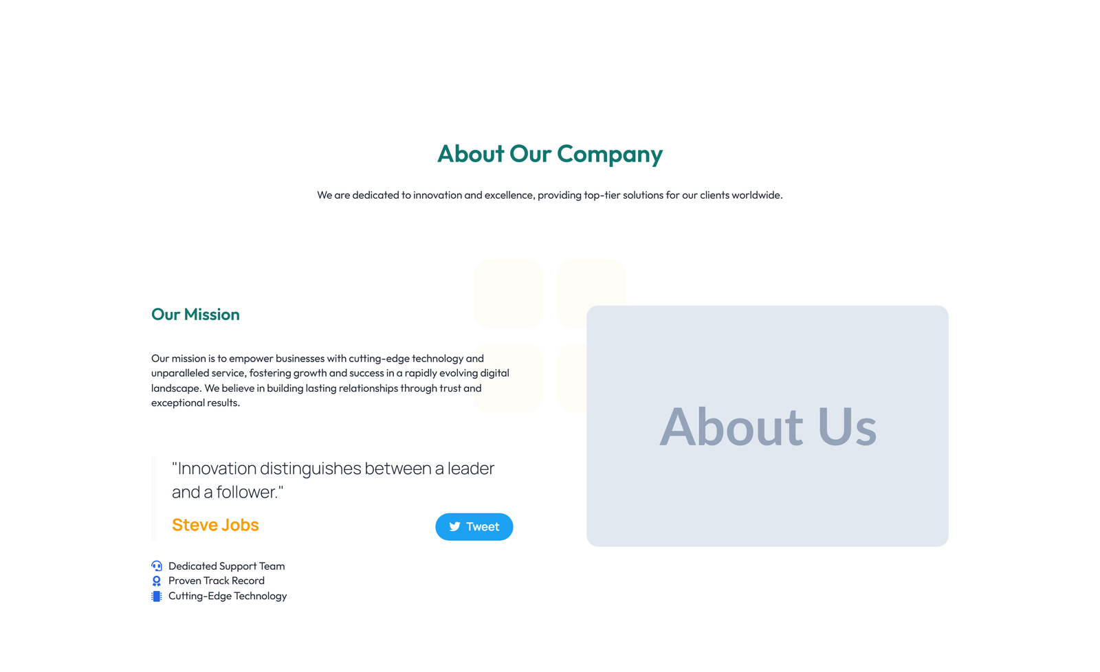 Centered About with Image, Counter Stats Row 15 - Elementor component