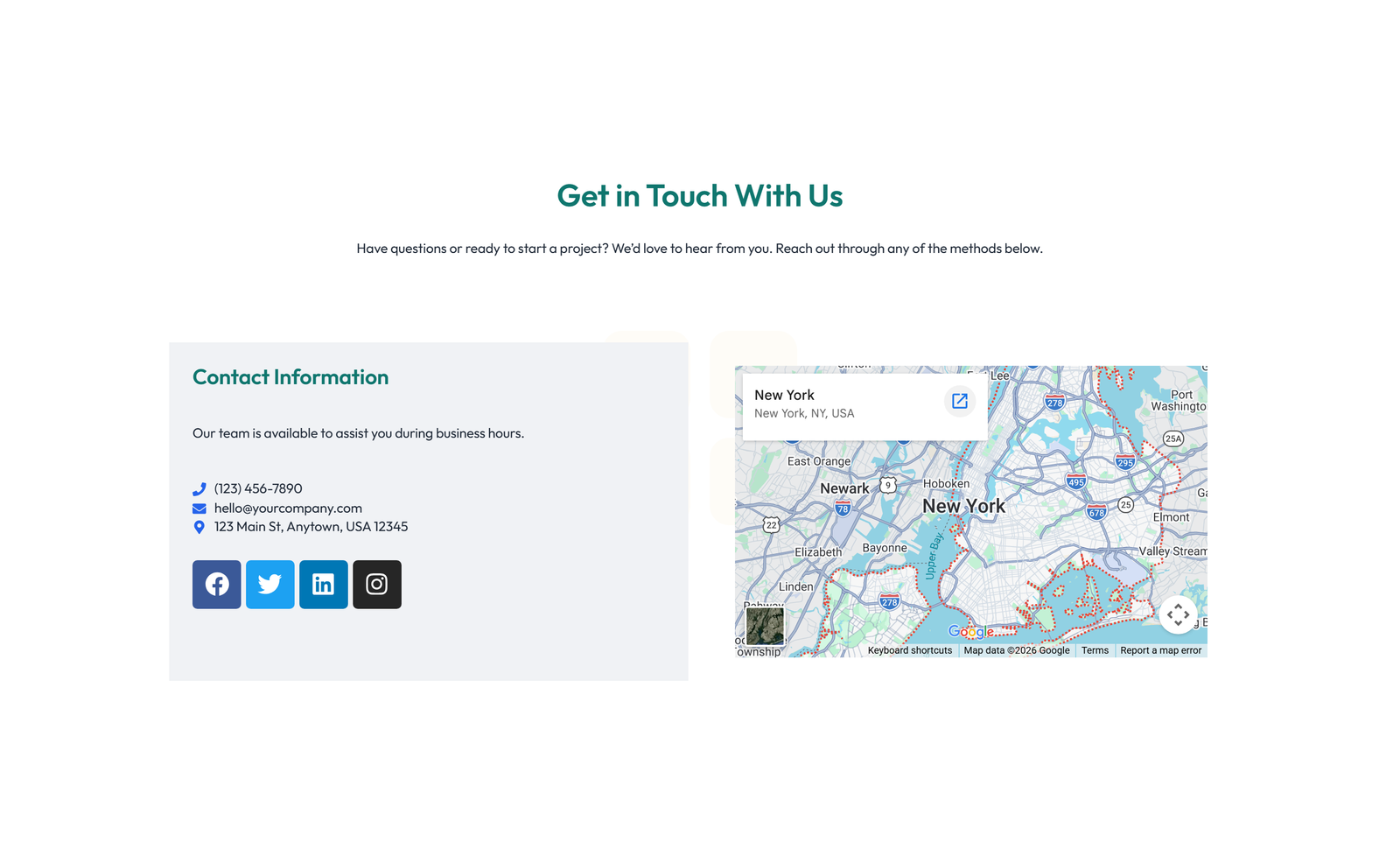 Centered Contact with Form, Info Below - Elementor component