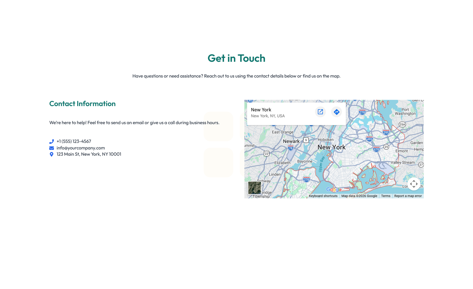 Centered Contact with Form, Info Below 3 - Elementor component