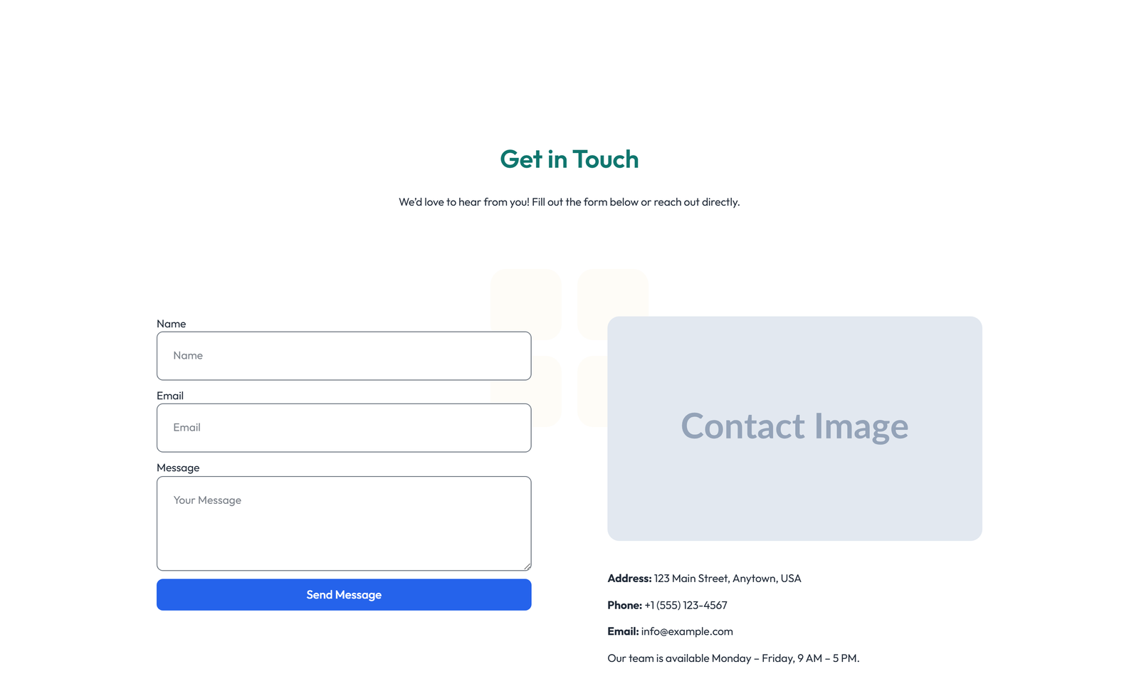 Centered Contact with Form, Info Below 30 - Elementor component