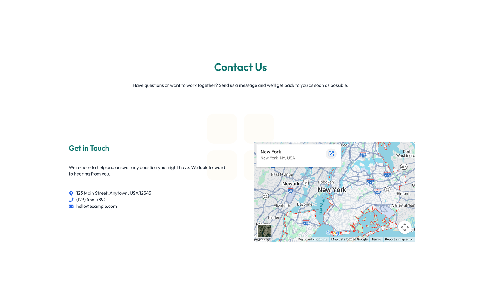 Split Contact with Info and Social Left and Map Right 31 - Elementor component
