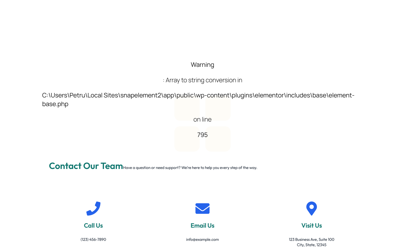 Screenshot of Centered Contact with Form, Info Below 34 - Elementor Contact Sections component