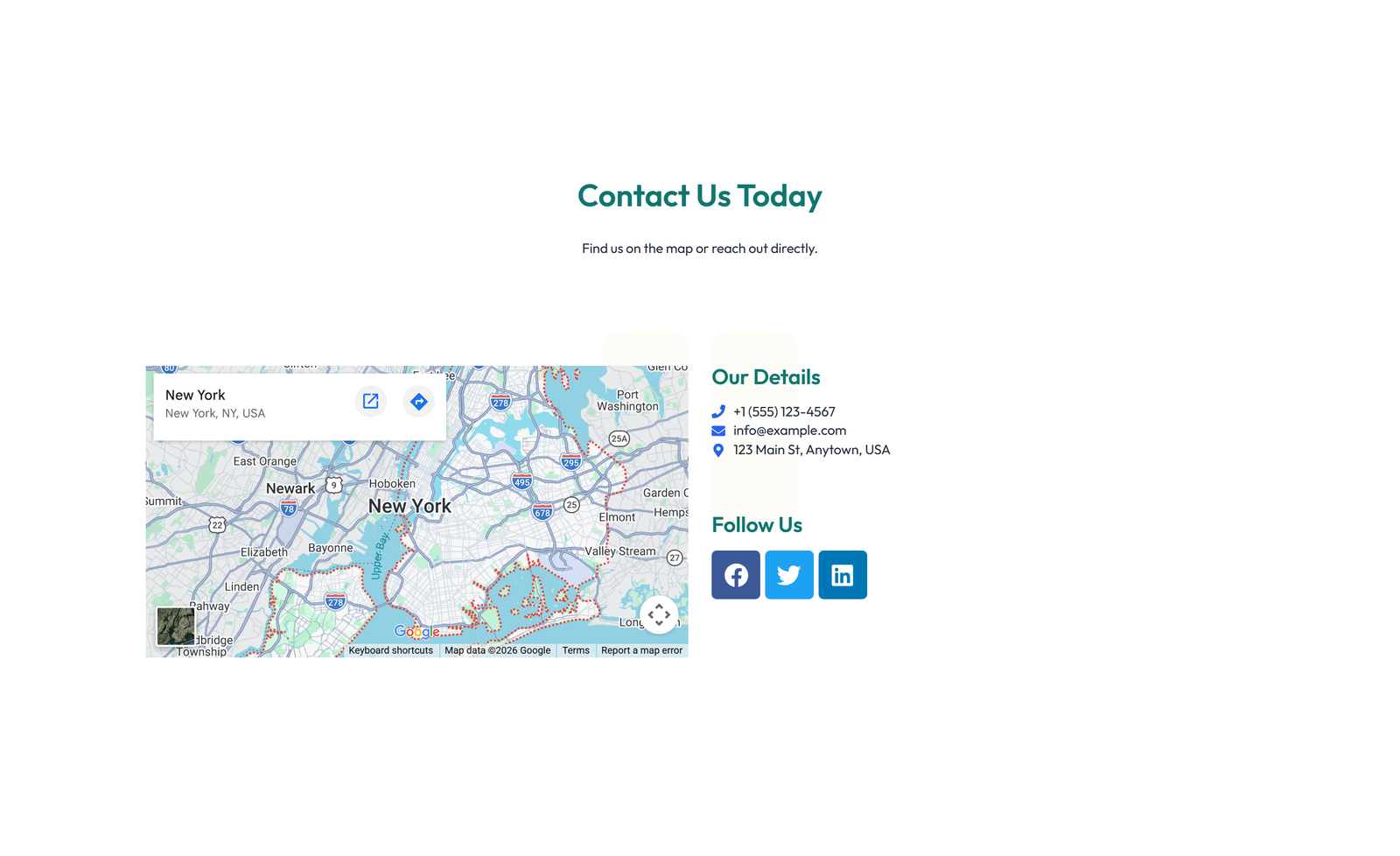Split Contact with Info and Social Left and Map Right 36 - Elementor component