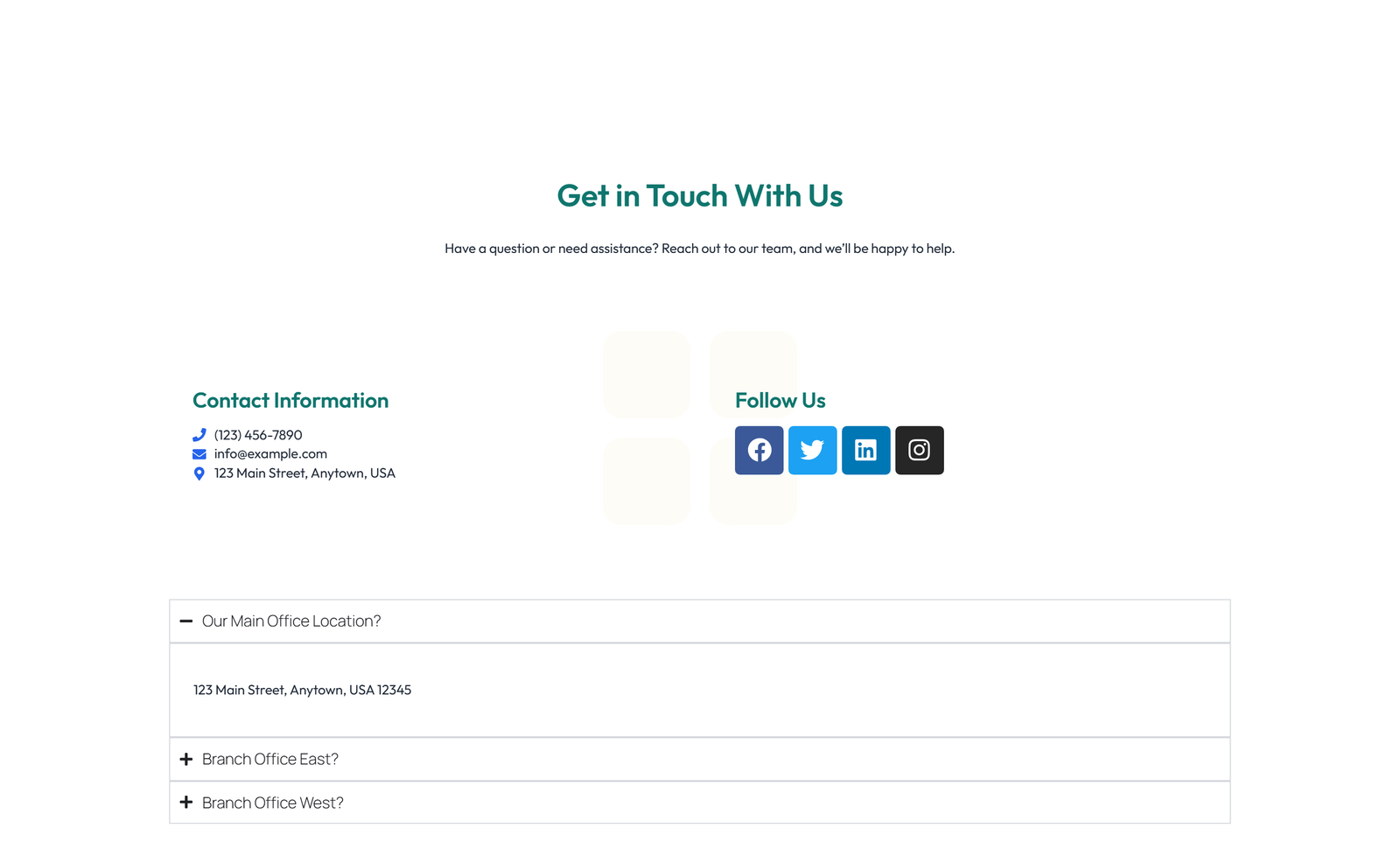 Screenshot of Centered Contact with Form, Info Below 46 - Elementor Contact Sections component