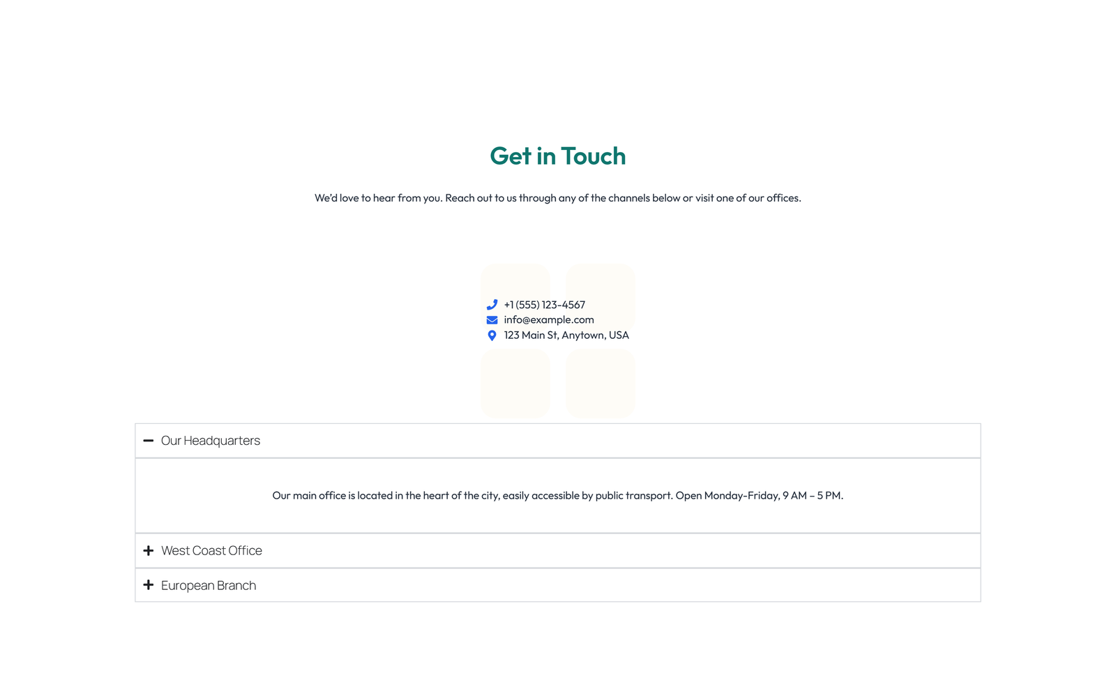 Screenshot of Centered Contact with Form, Info Below 47 - Elementor Contact Sections component