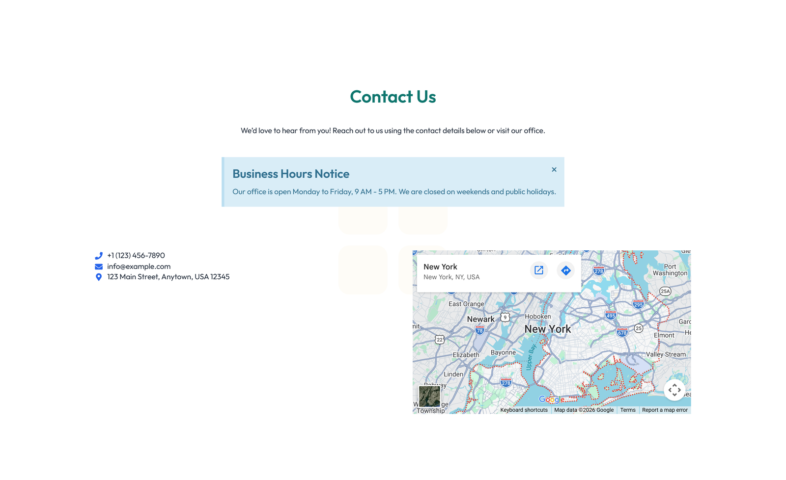 Split Contact with Info and Social Left and Map Right 51 - Elementor component
