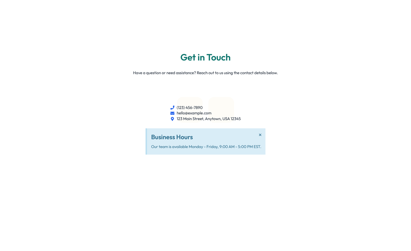 Screenshot of Centered Contact with Form, Info Below 52 - Elementor Contact Sections component