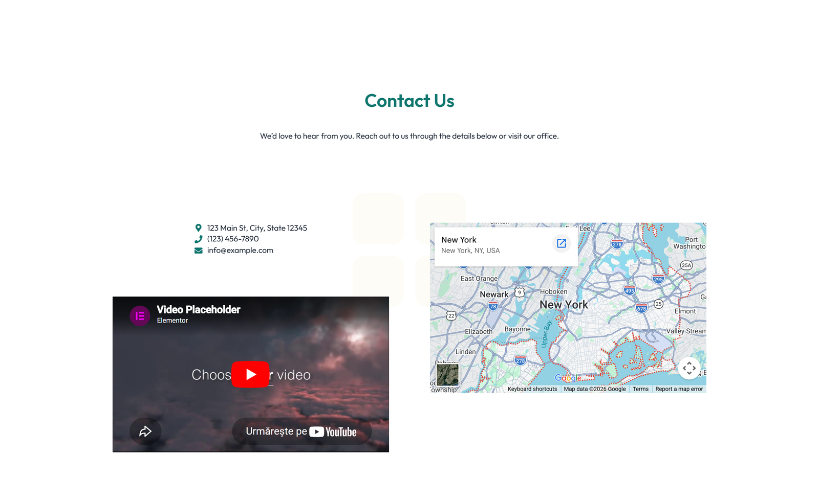 Centered Contact with Form, Info Below 53 - Elementor component