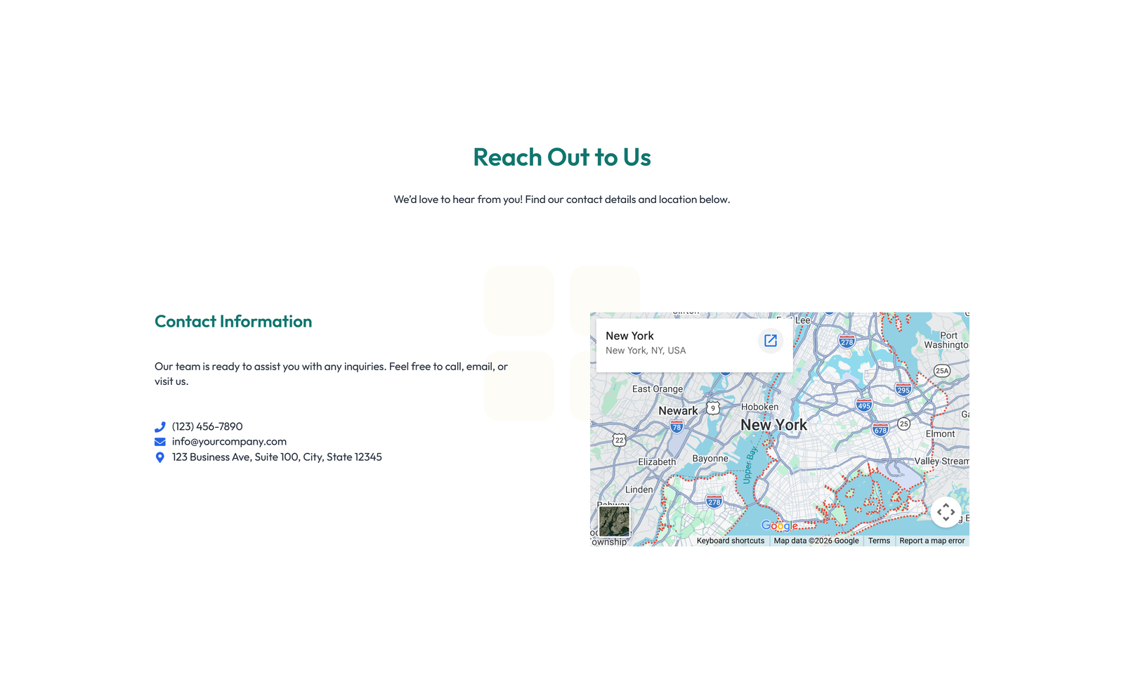 Split Contact with Info and Social Left and Map Right 56 - Elementor component