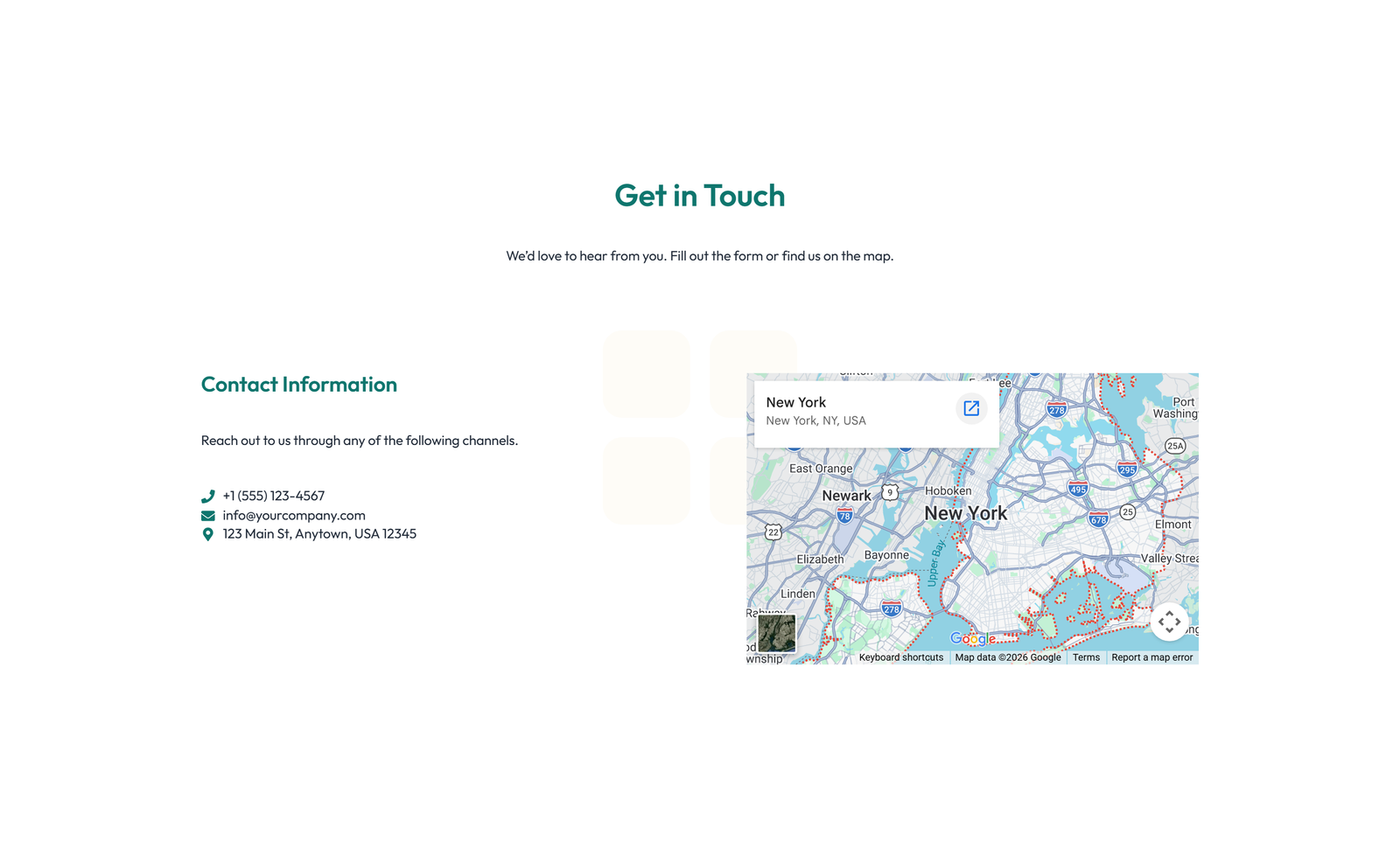 Centered Contact with Form, Info Below 58 - Elementor component