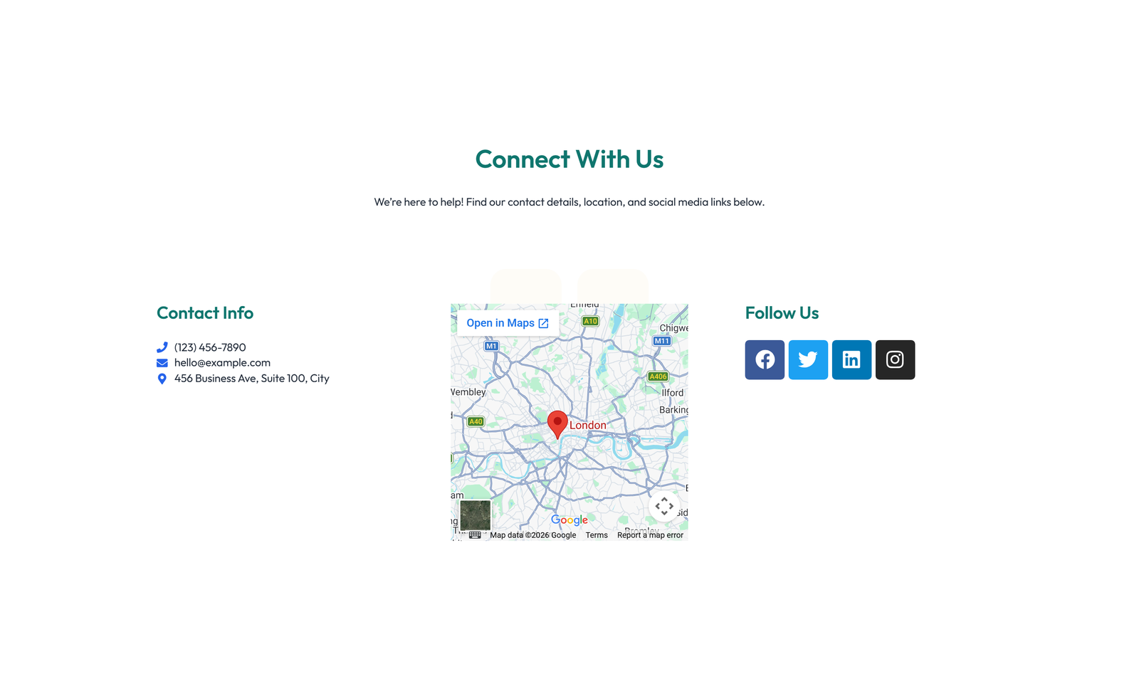 Split Contact with Info and Social Left and Map Right 61 - Elementor component