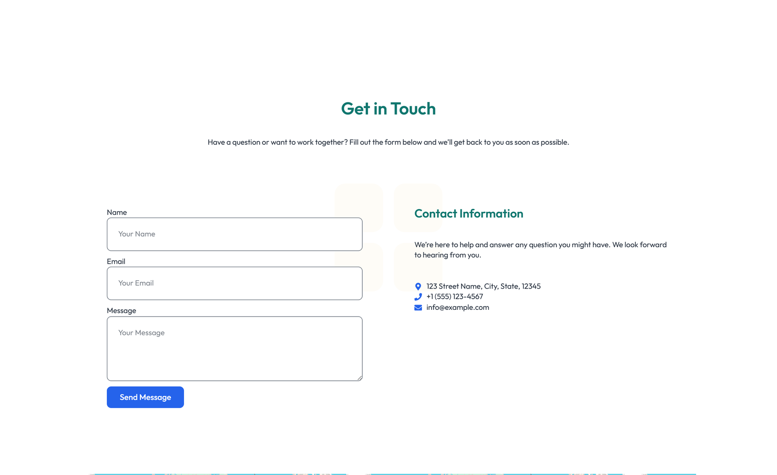 Screenshot of Centered Contact with Form, Info Below 64 - Elementor Contact Sections component