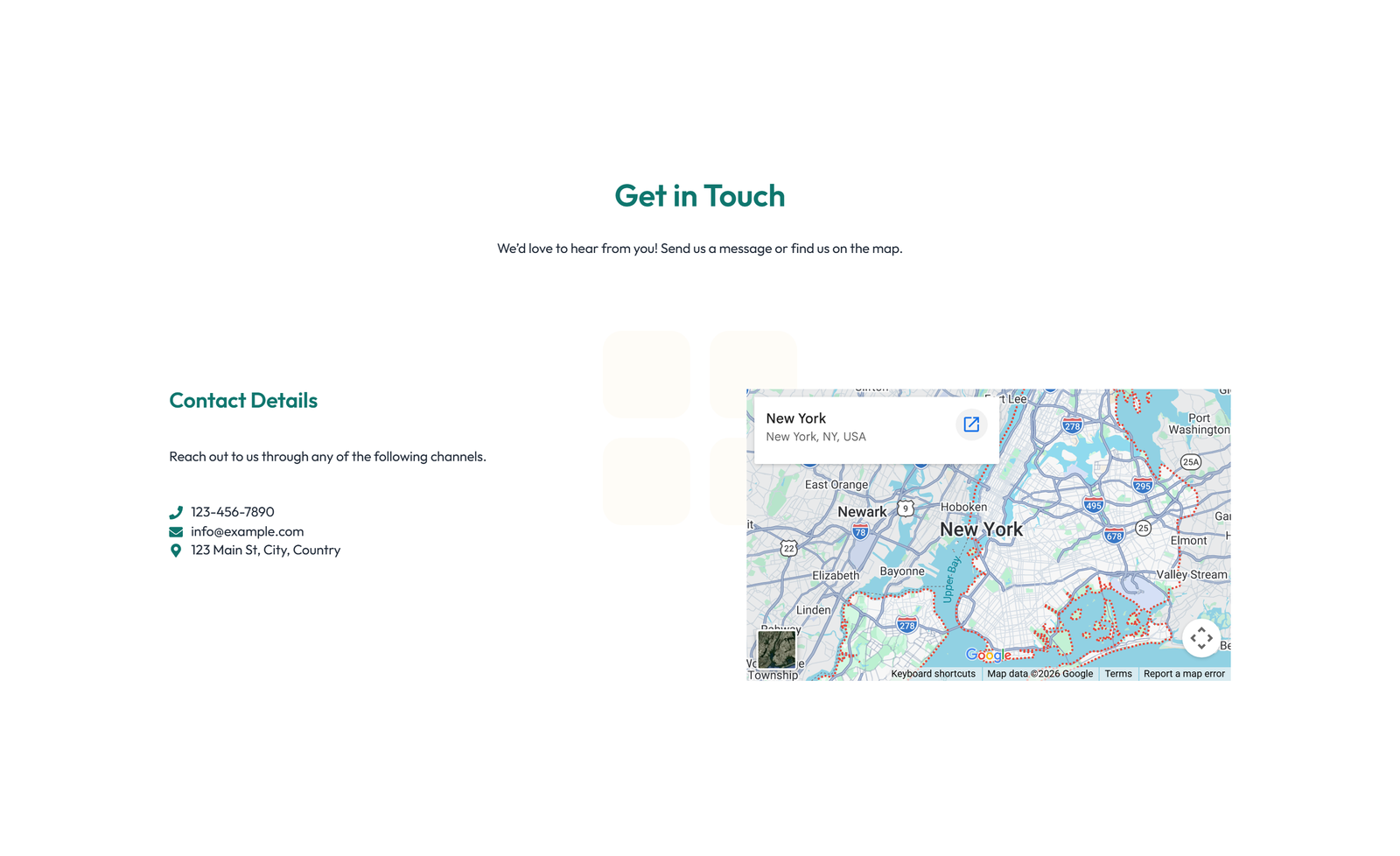 Split Contact with Info and Social Left and Map Right 70 - Elementor component