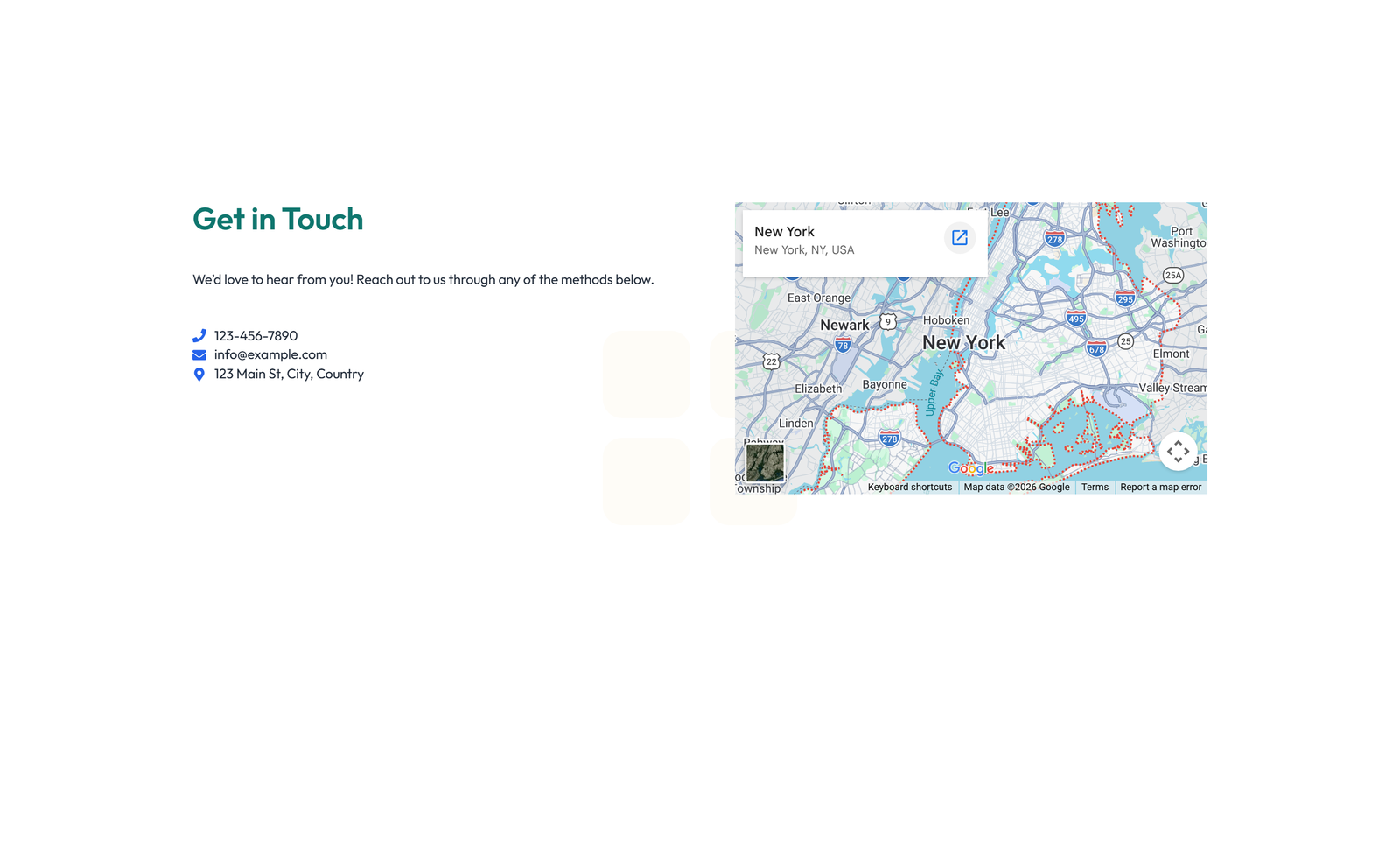 Split Contact with Info and Social Left and Map Right 78 - Elementor component