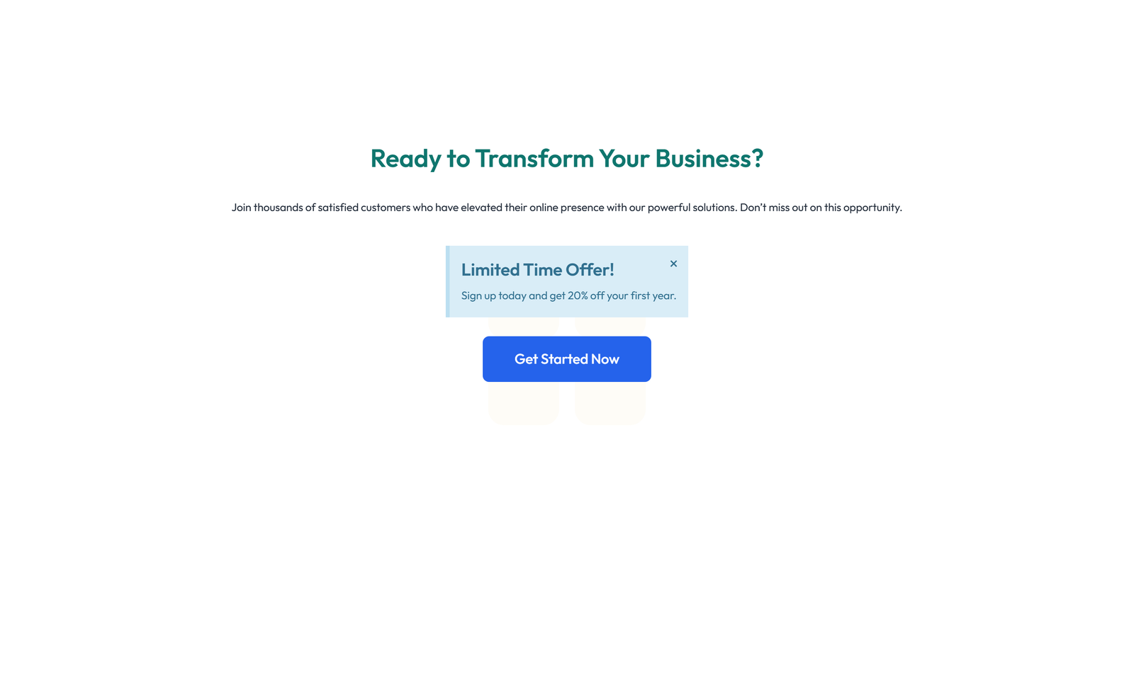 Screenshot of Centered Call to Action with Heading, Subtitle, CTA, Note 37 - Elementor CTA Sections component
