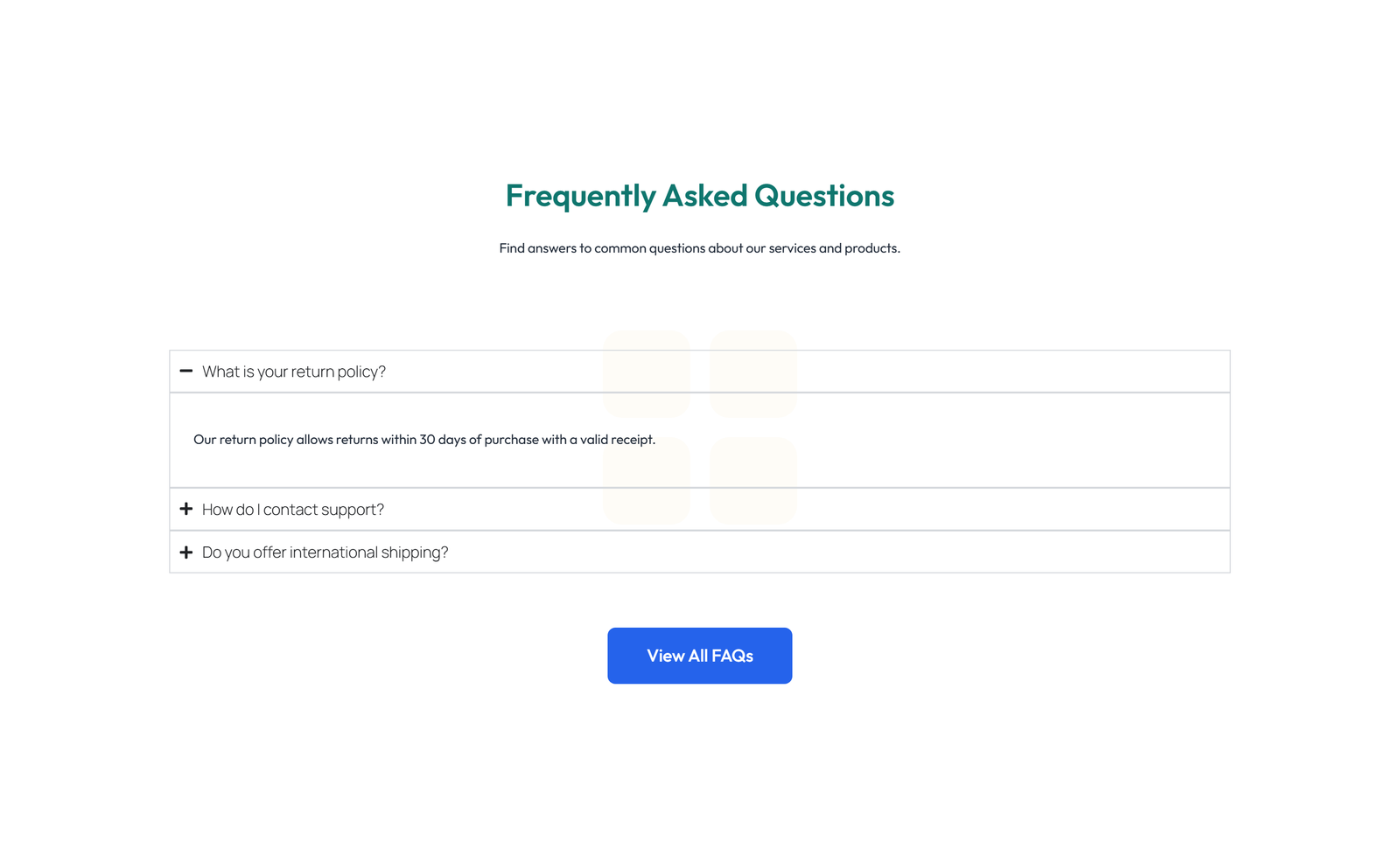Screenshot of Centered FAQ with Accordion, Follow-up CTA - Elementor FAQ Sections component