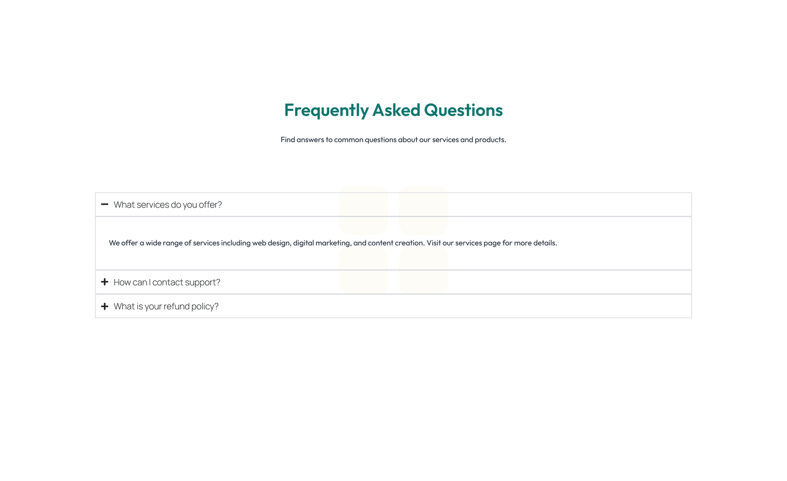 Screenshot of Centered FAQ with Accordion with Heading 2 - Elementor FAQ Sections component