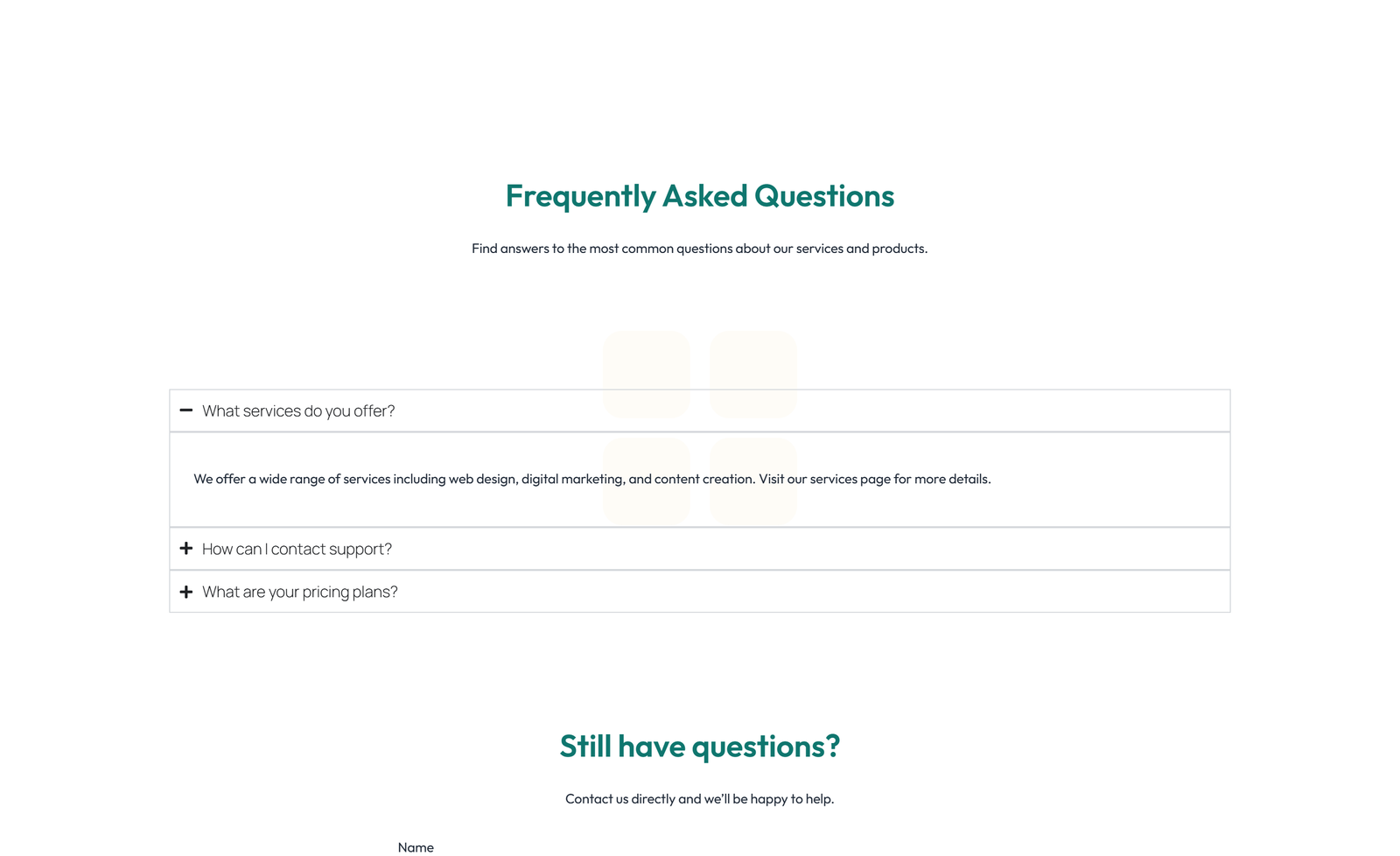 Screenshot of Split FAQ with Text and CTA Left and Accordion Right 2 - Elementor FAQ Sections component
