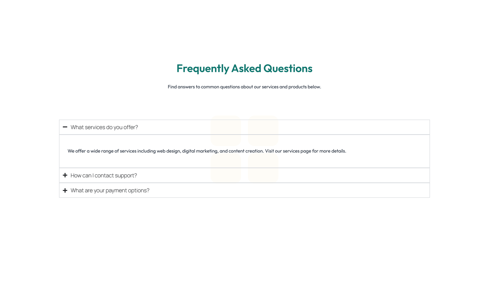 Screenshot of Centered FAQ with Accordion, Follow-up CTA 4 - Elementor FAQ Sections component