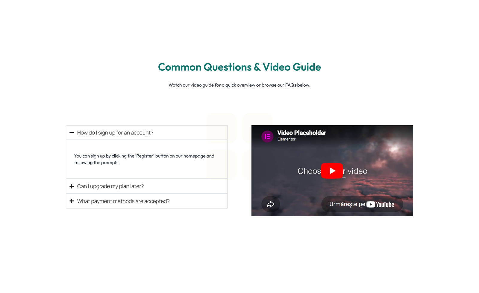 Centered FAQ with Accordion with Heading 8 - Elementor component