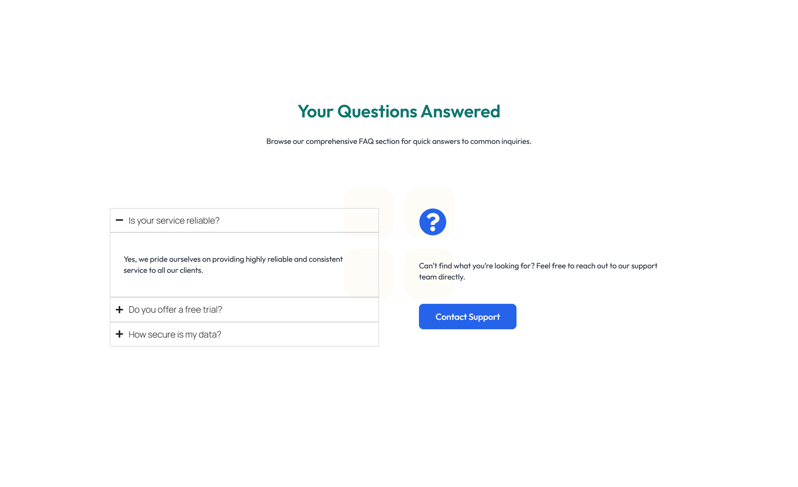 Screenshot of Split FAQ with Text and CTA Left and Accordion Right 8 - Elementor FAQ Sections component