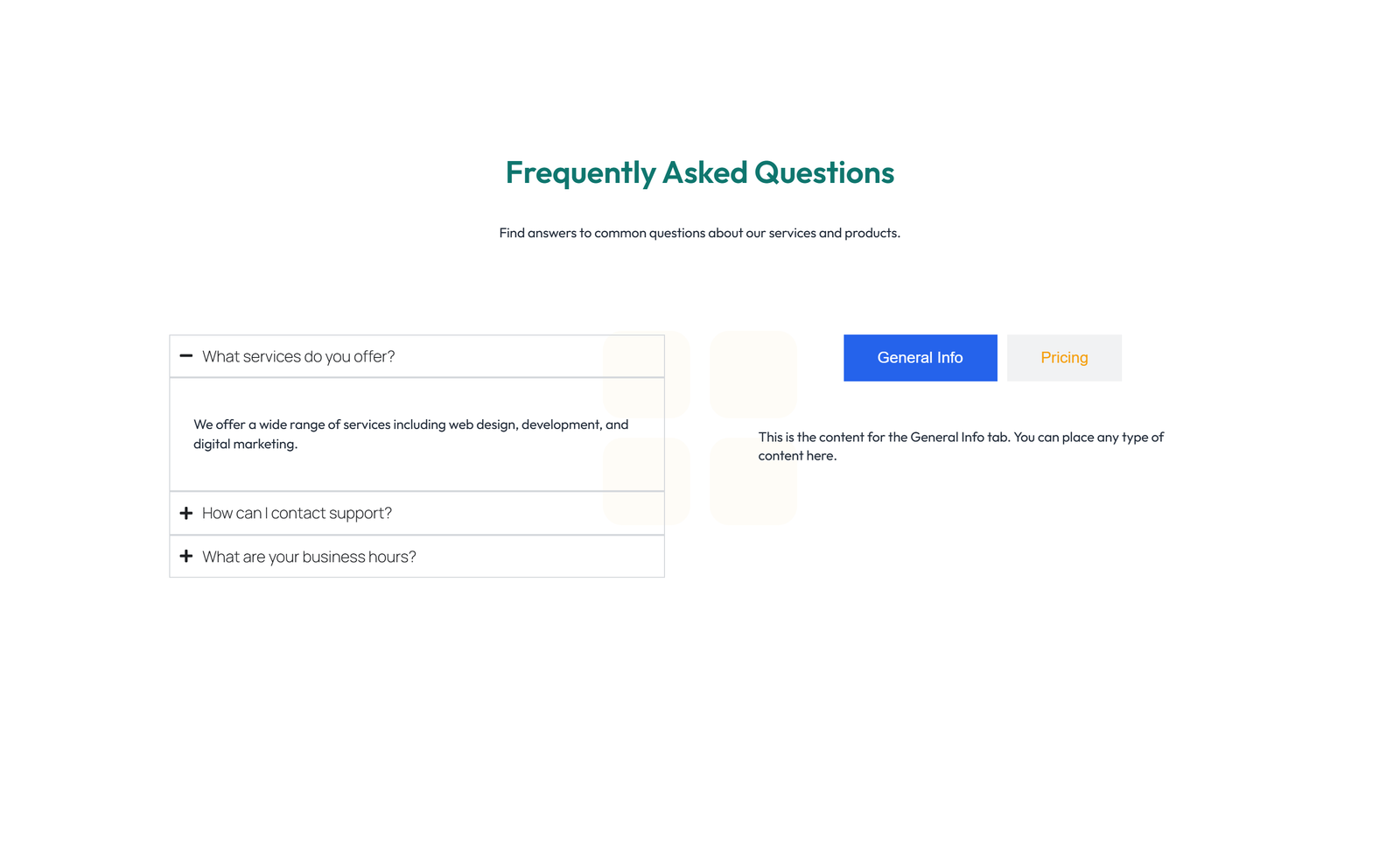 Screenshot of Centered FAQ with Accordion, Follow-up CTA 8 - Elementor FAQ Sections component