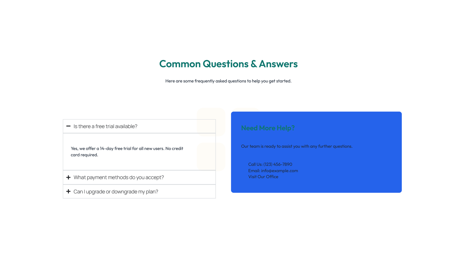 Centered FAQ with Accordion with Heading 10 - Elementor component