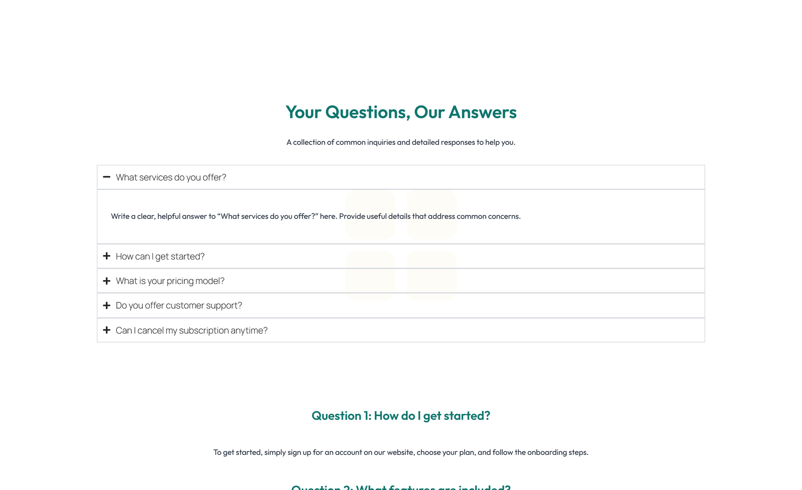 Screenshot of Split FAQ with Text and CTA Left and Accordion Right 13 - Elementor FAQ Sections component