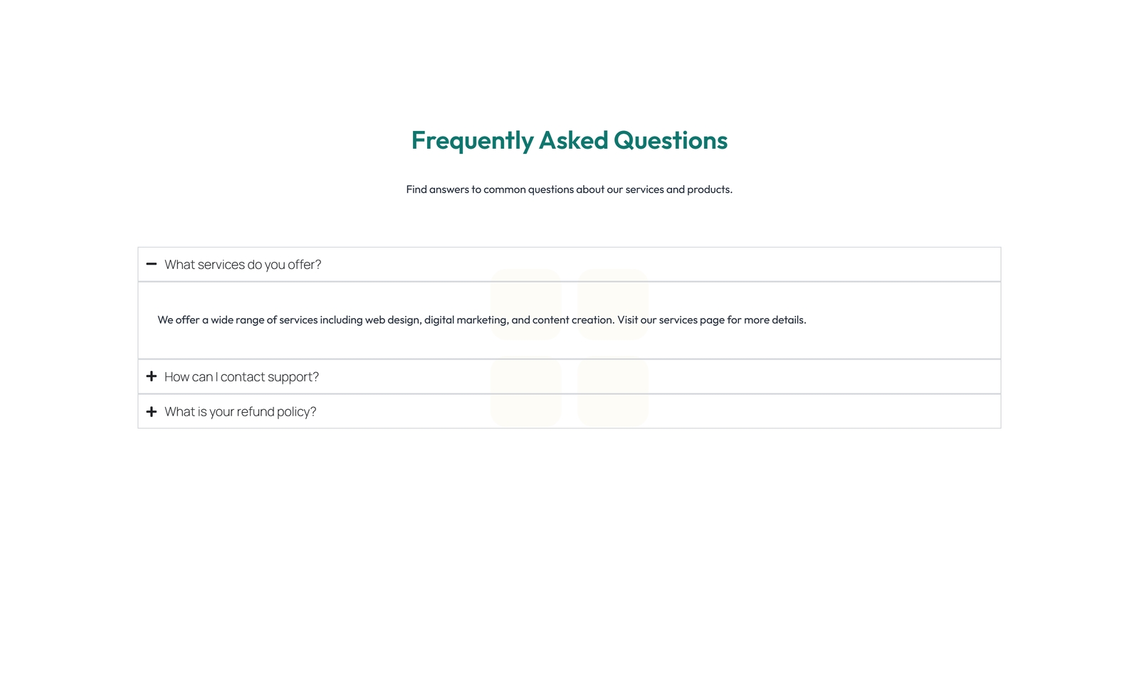 Screenshot of Centered FAQ with Accordion with Heading 14 - Elementor FAQ Sections component