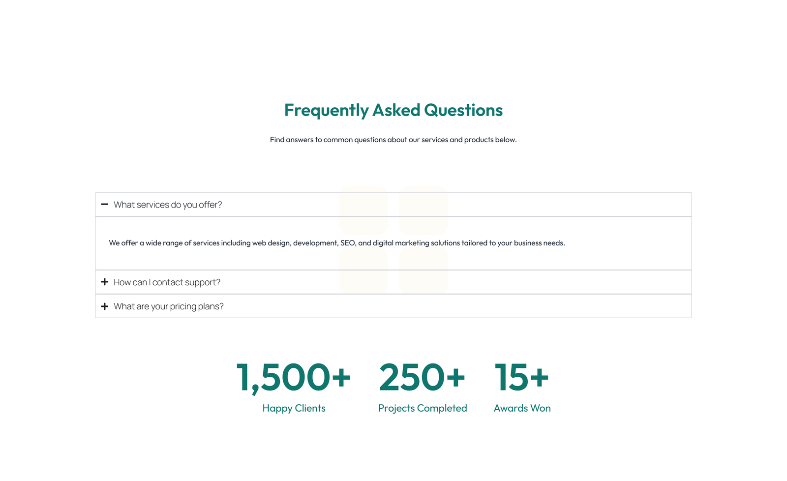 Screenshot of Centered FAQ with Accordion, Follow-up CTA 14 - Elementor FAQ Sections component