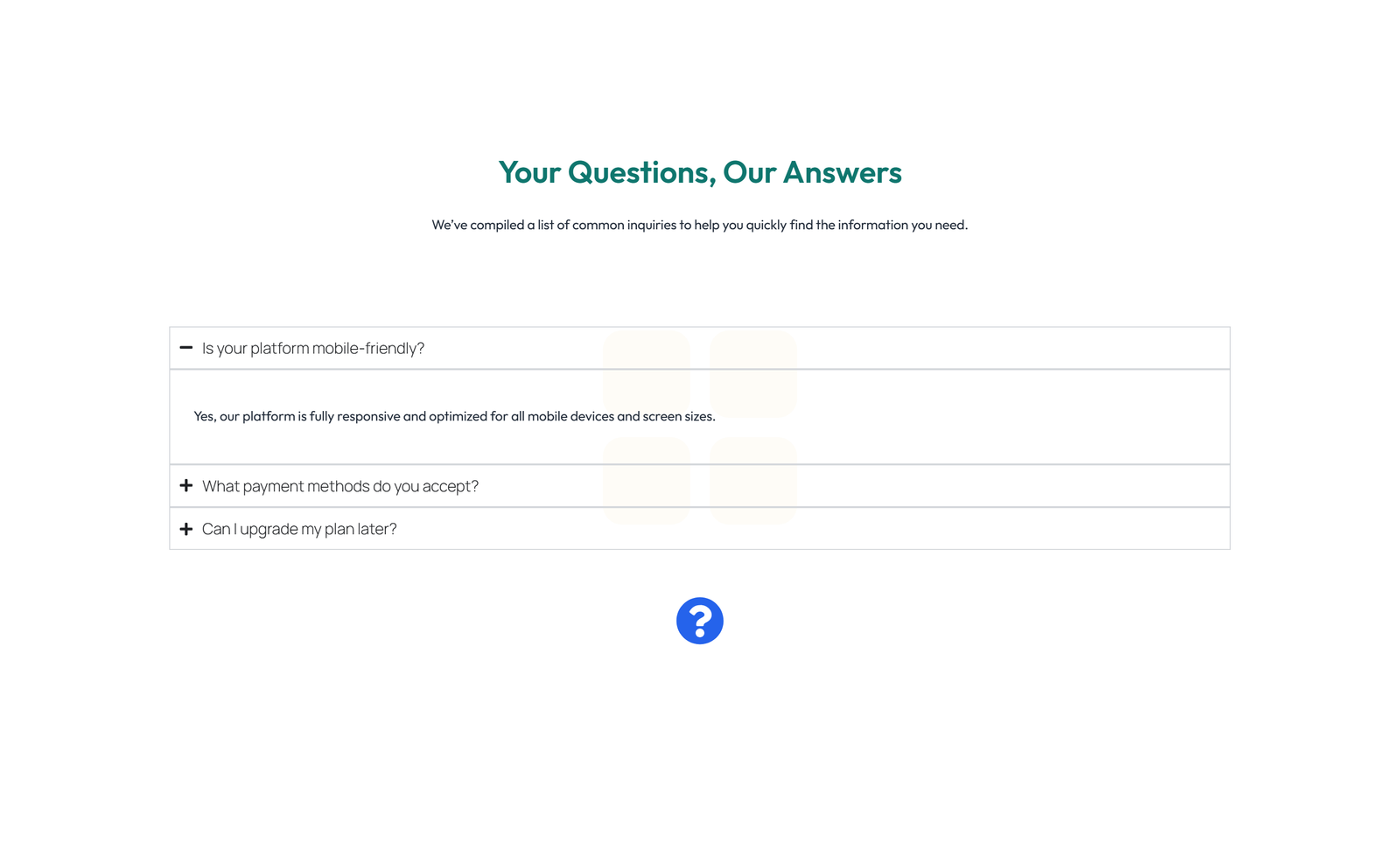 Screenshot of Split FAQ with Text and CTA Left and Accordion Right 16 - Elementor FAQ Sections component