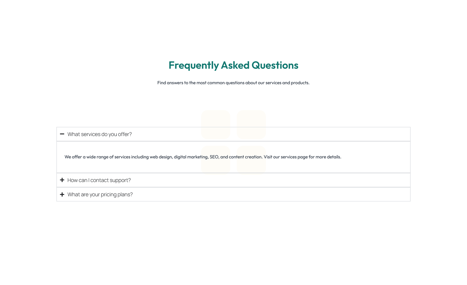 Screenshot of Centered FAQ with Accordion, Follow-up CTA 16 - Elementor FAQ Sections component