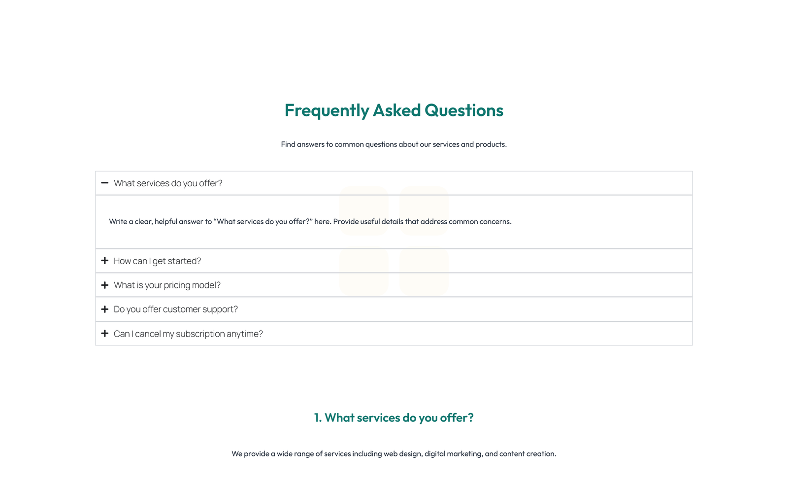 Screenshot of Split FAQ with Text and CTA Left and Accordion Right 17 - Elementor FAQ Sections component