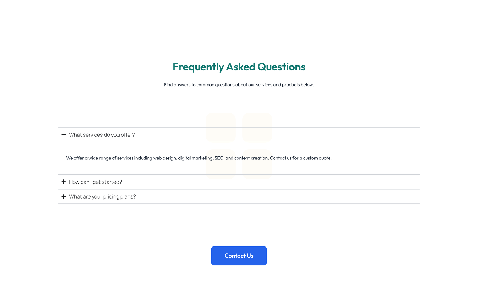 Screenshot of Centered FAQ with Accordion, Follow-up CTA 17 - Elementor FAQ Sections component