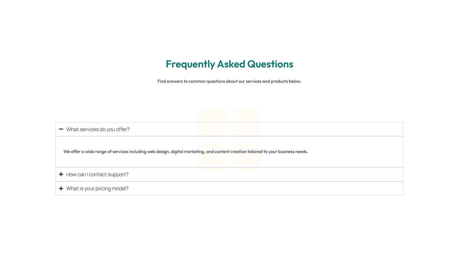 Screenshot of Centered FAQ with Accordion with Heading 18 - Elementor FAQ Sections component