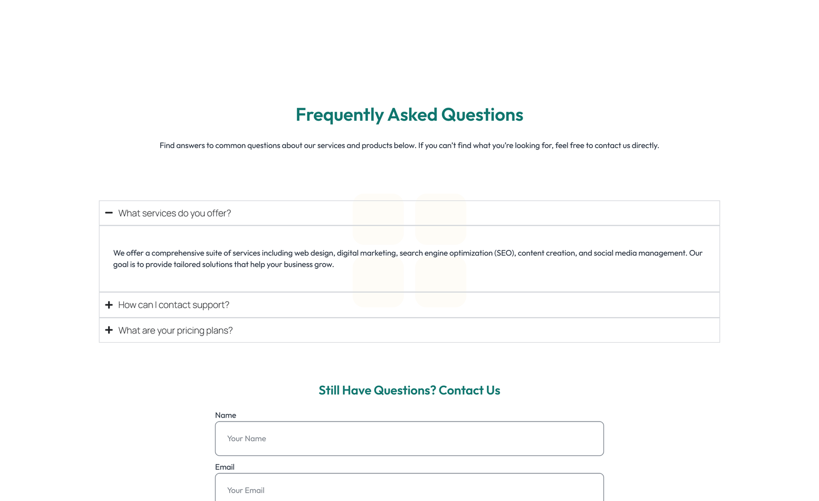 Screenshot of Split FAQ with Text and CTA Left and Accordion Right 18 - Elementor FAQ Sections component