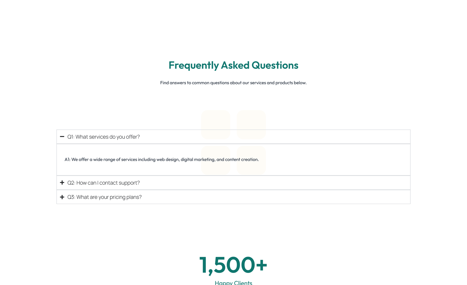 Screenshot of Centered FAQ with Accordion, Follow-up CTA 18 - Elementor FAQ Sections component