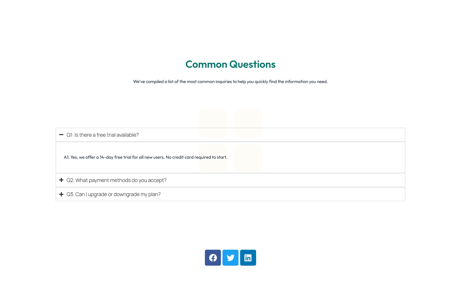 Screenshot of Centered FAQ with Accordion with Heading 19 - Elementor FAQ Sections component