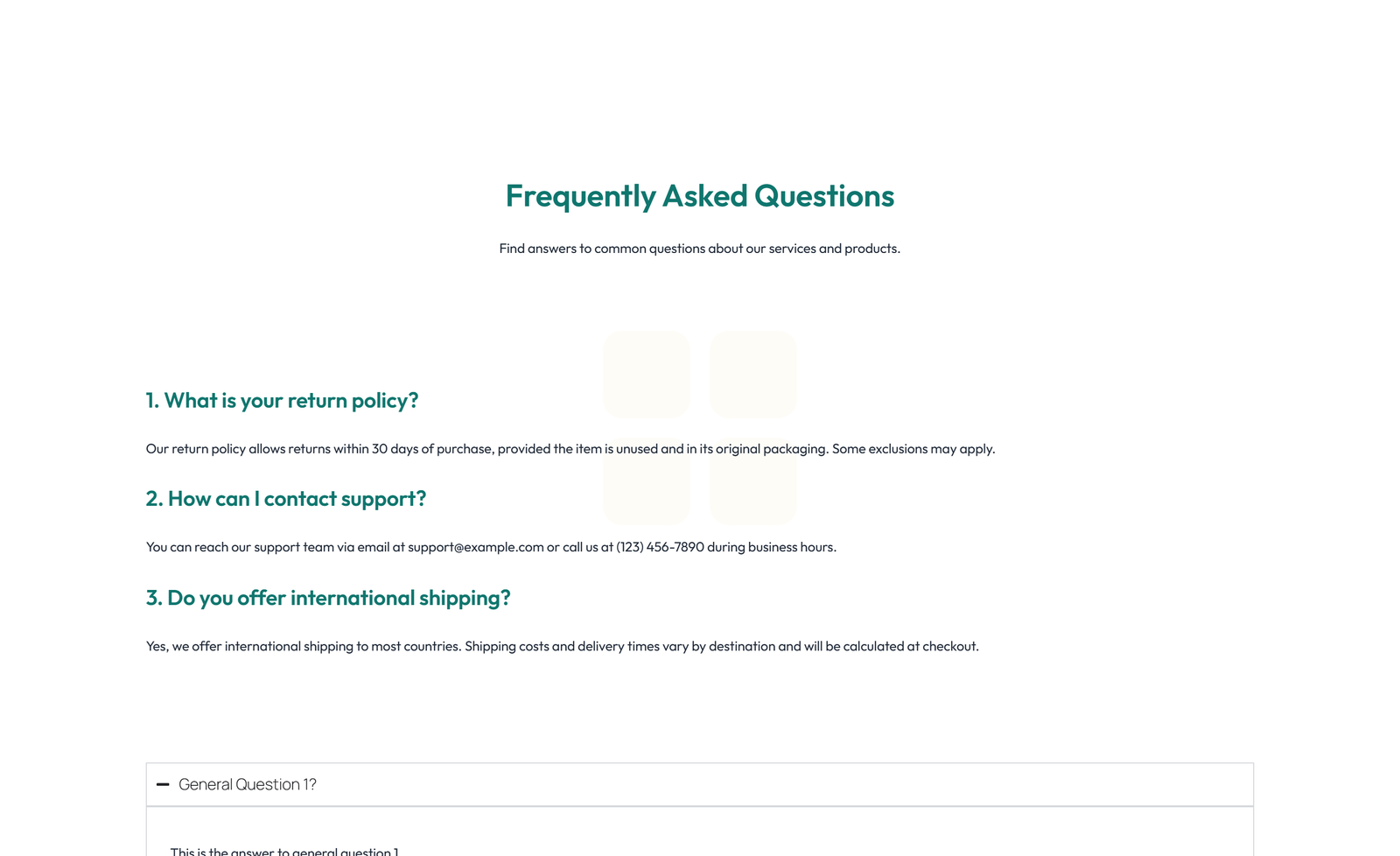 Screenshot of Centered FAQ with Accordion, Follow-up CTA 20 - Elementor FAQ Sections component
