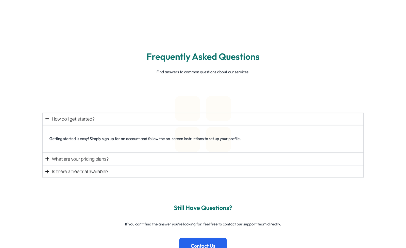 Screenshot of Centered FAQ with Accordion with Heading 21 - Elementor FAQ Sections component