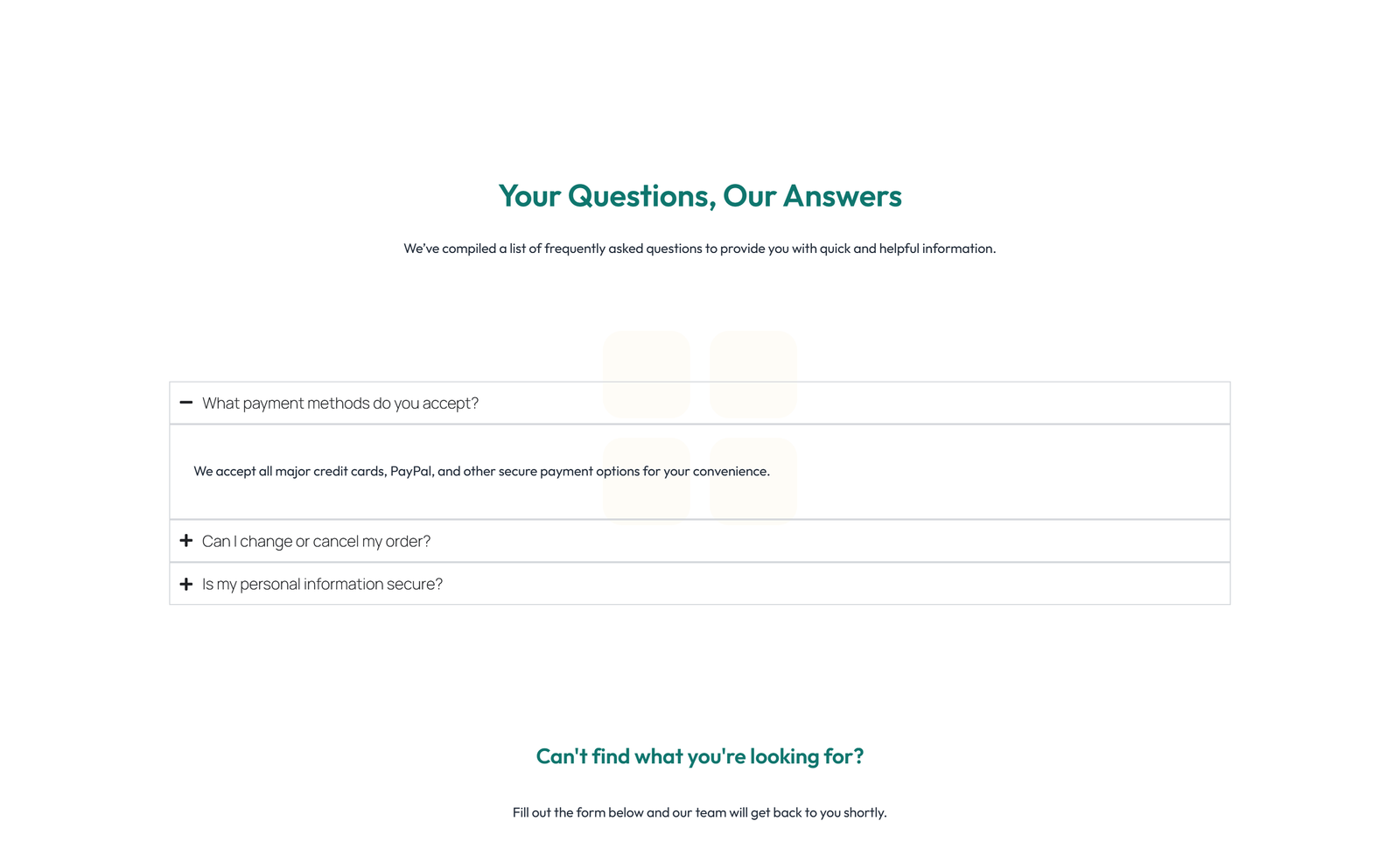 Screenshot of Split FAQ with Text and CTA Left and Accordion Right 22 - Elementor FAQ Sections component