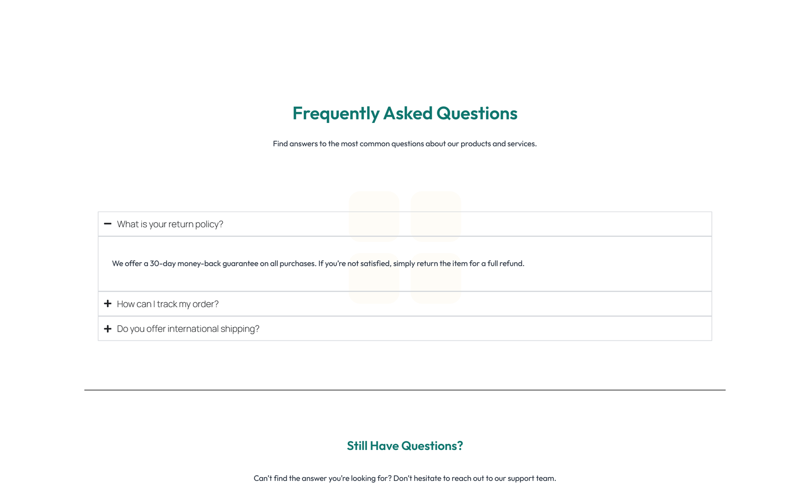Screenshot of Centered FAQ with Accordion, Follow-up CTA 23 - Elementor FAQ Sections component