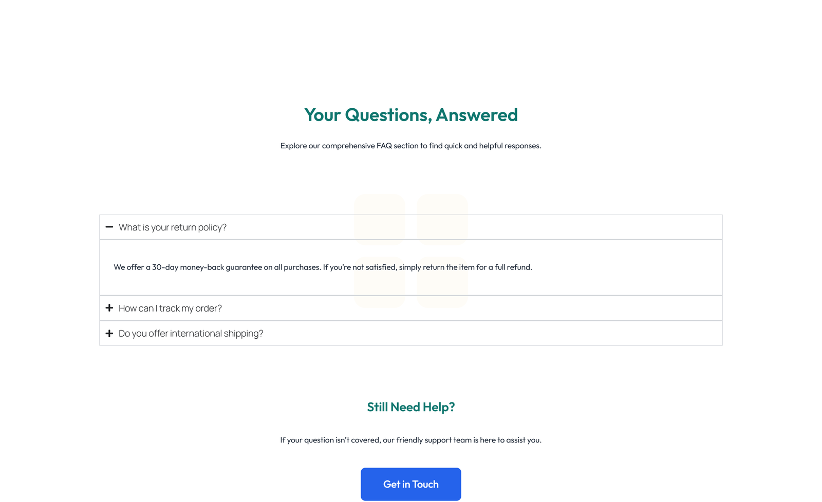 Screenshot of Split FAQ with Text and CTA Left and Accordion Right 24 - Elementor FAQ Sections component