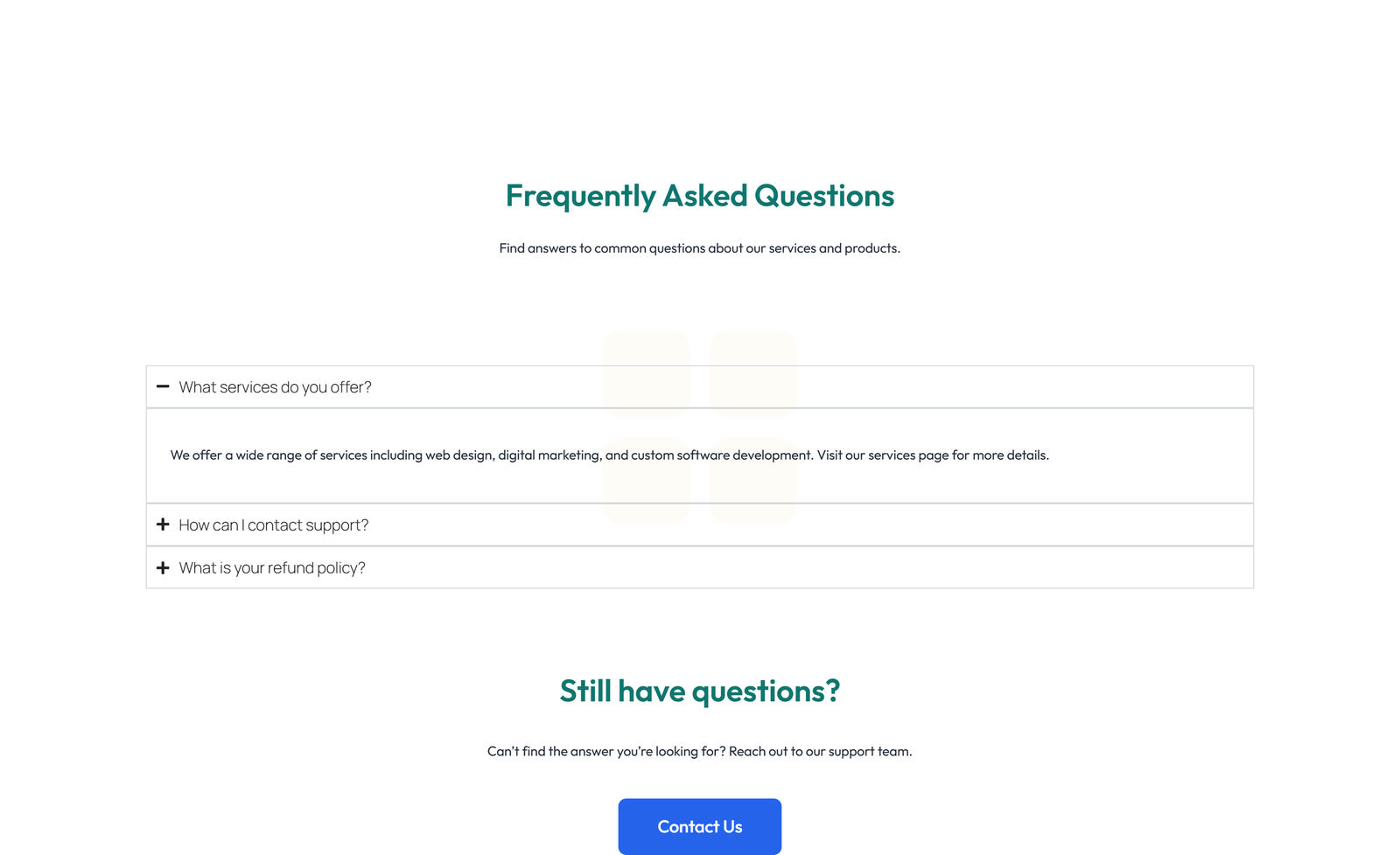 Screenshot of Centered FAQ with Accordion, Follow-up CTA 24 - Elementor FAQ Sections component