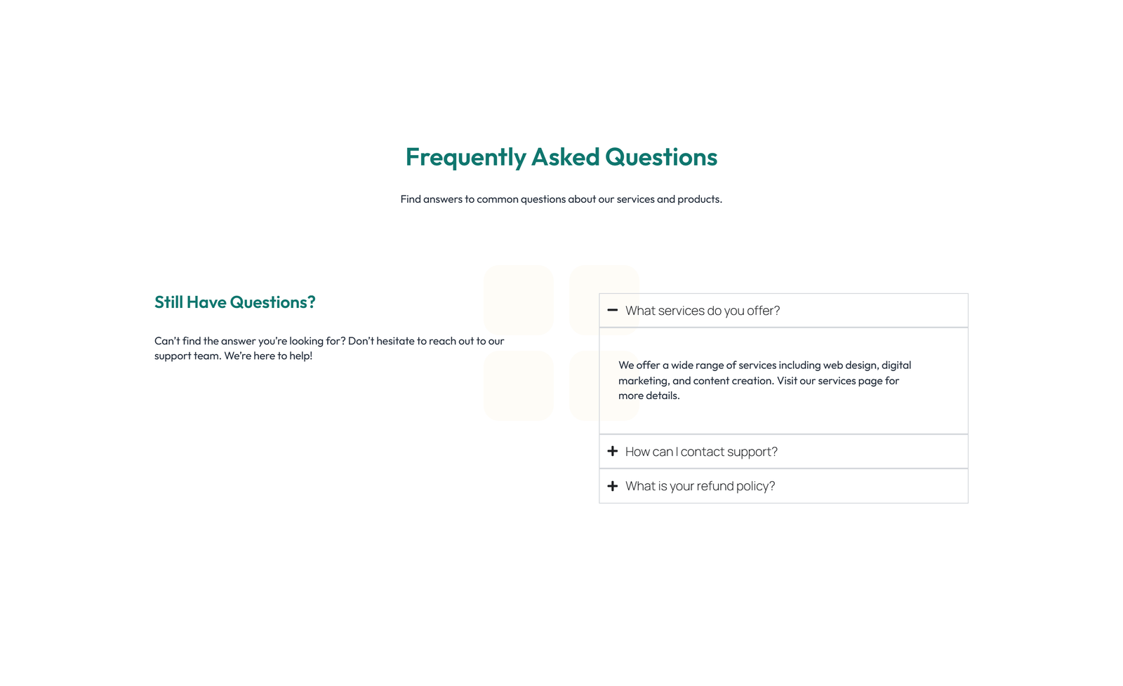 Screenshot of Centered FAQ with Accordion with Heading 25 - Elementor FAQ Sections component