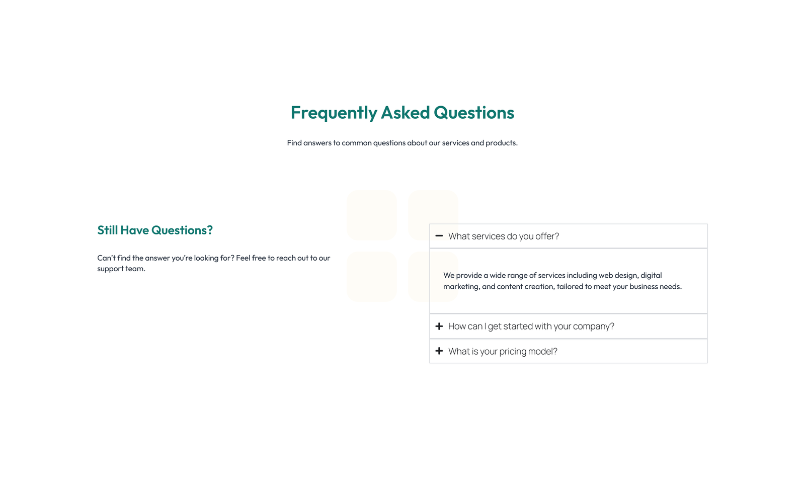 Screenshot of Split FAQ with Text and CTA Left and Accordion Right 25 - Elementor FAQ Sections component