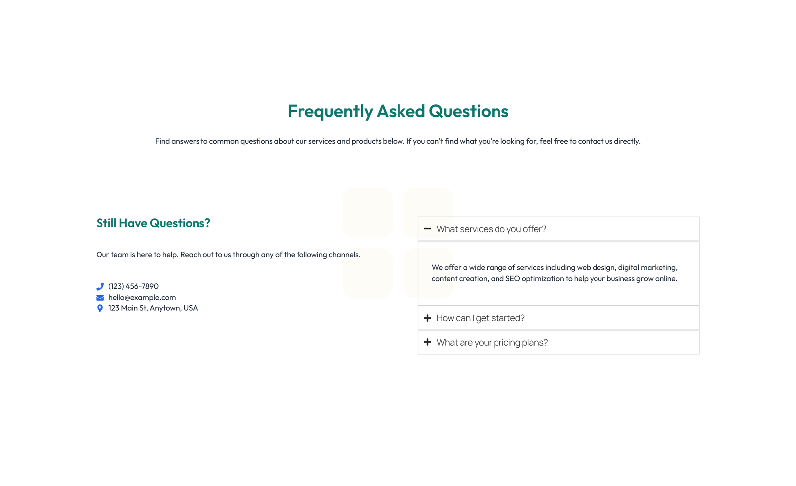 Screenshot of Centered FAQ with Accordion with Heading 26 - Elementor FAQ Sections component