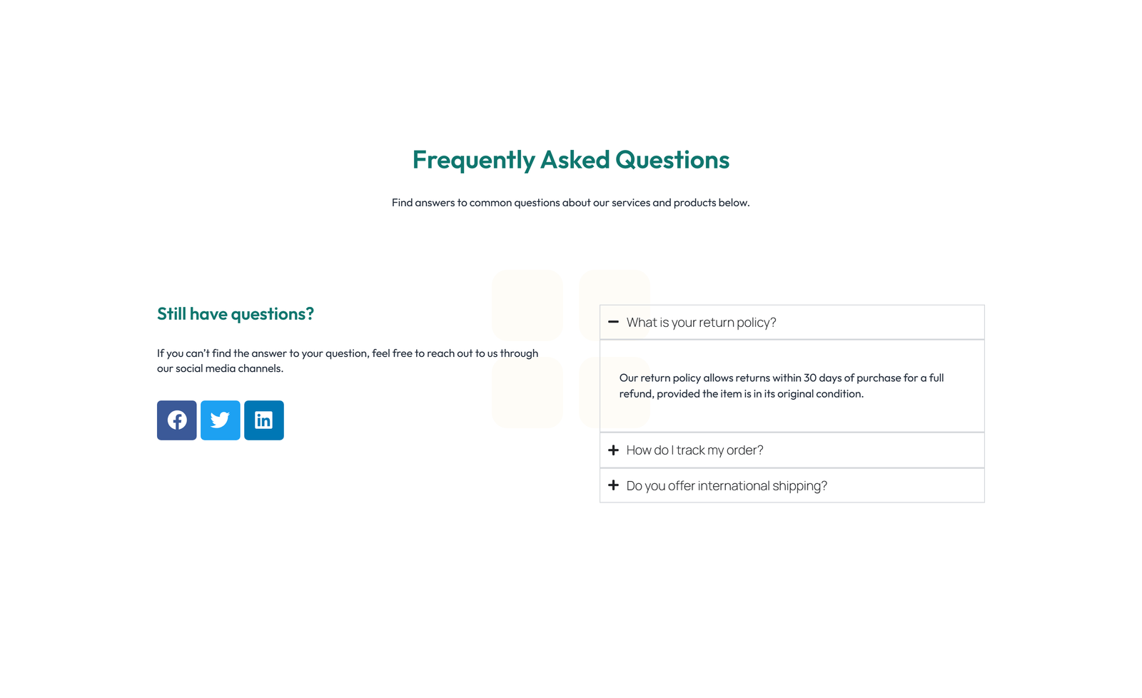 Screenshot of Centered FAQ with Accordion with Heading 27 - Elementor FAQ Sections component