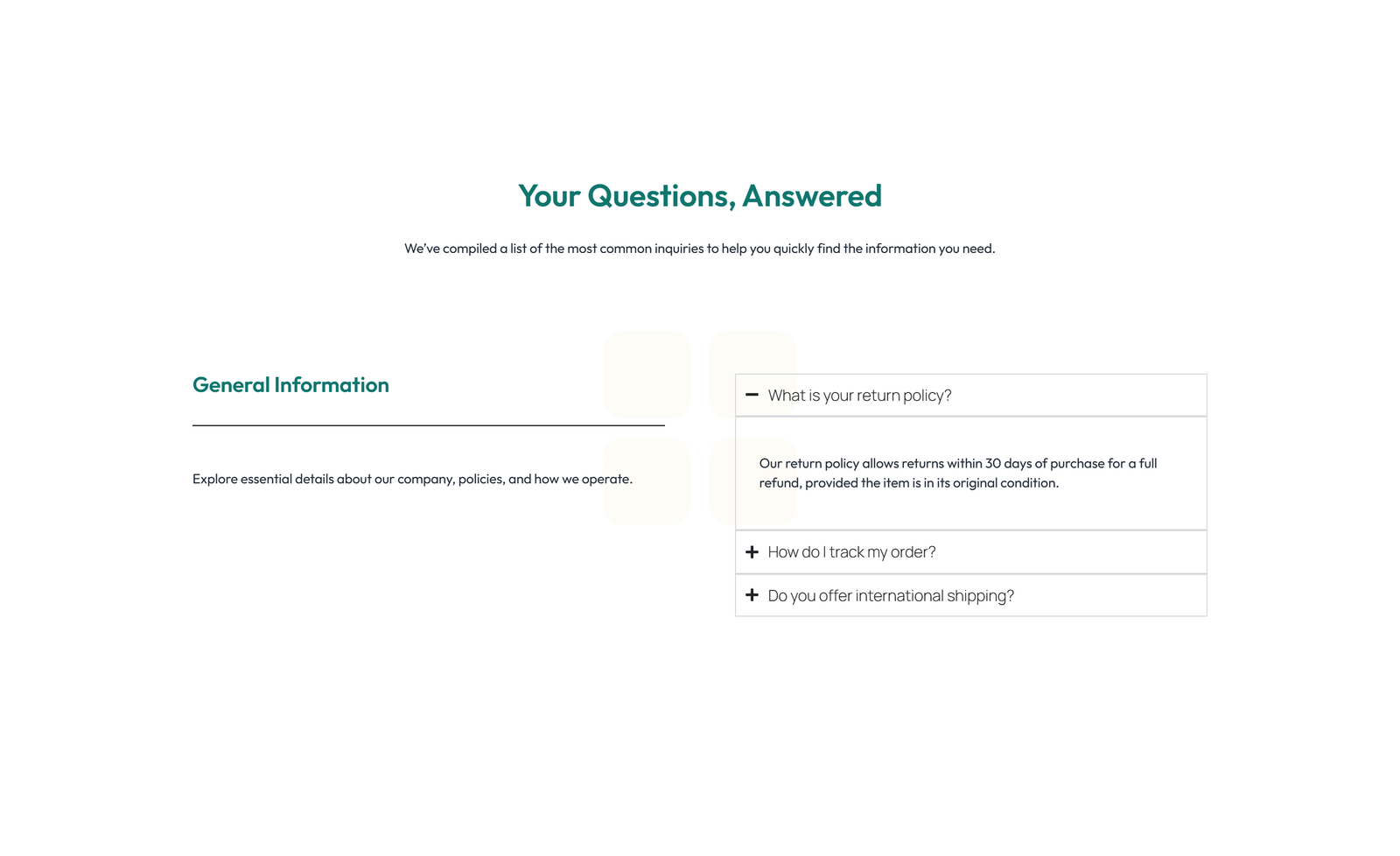Screenshot of Centered FAQ with Accordion, Follow-up CTA 27 - Elementor FAQ Sections component