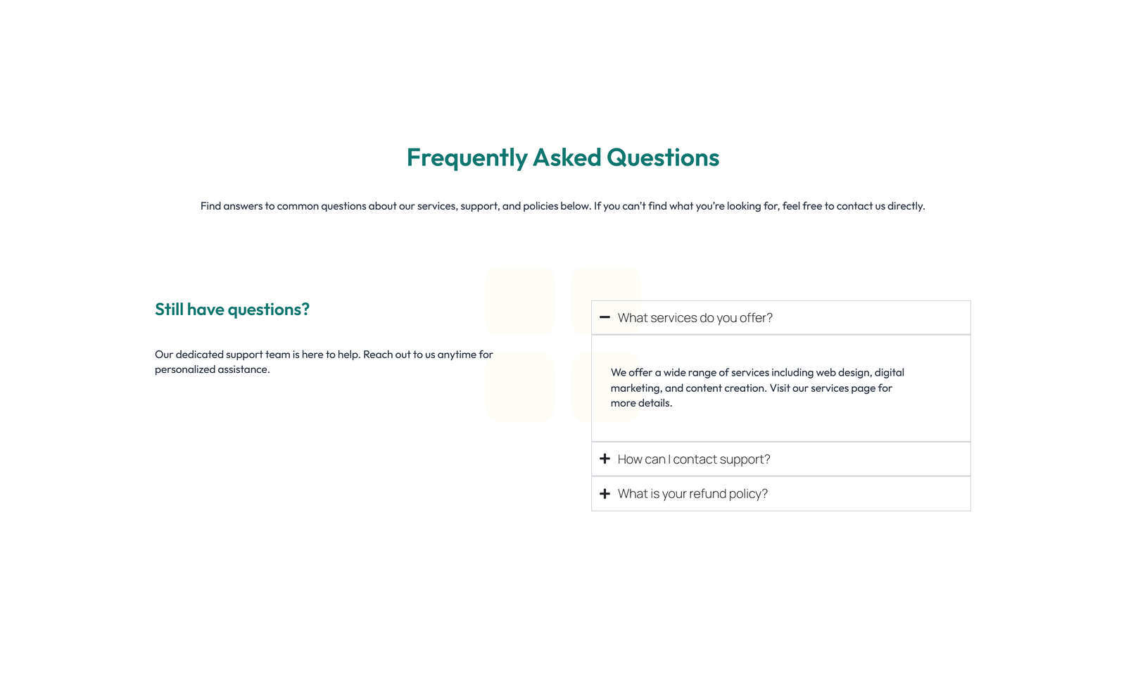 Screenshot of Split FAQ with Text and CTA Left and Accordion Right 28 - Elementor FAQ Sections component